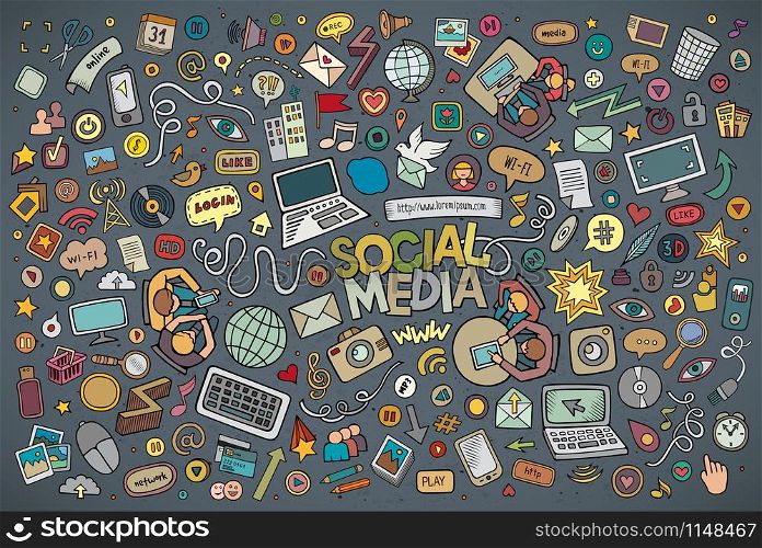 Vector hand drawn Doodle cartoon set of objects and symbols on the Social Media theme. Vector hand drawn Doodle cartoon set of objects