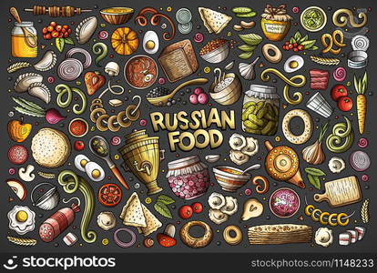 Vector hand drawn doodle cartoon set of Russian food theme items, objects and symbols. Vector cartoon set of Russian food objects