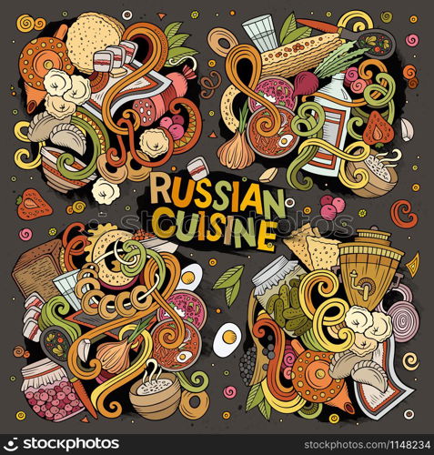 Vector hand drawn doodle cartoon set of Russian food theme items, objects and symbols. Vector cartoon set of Russian food doodles designs