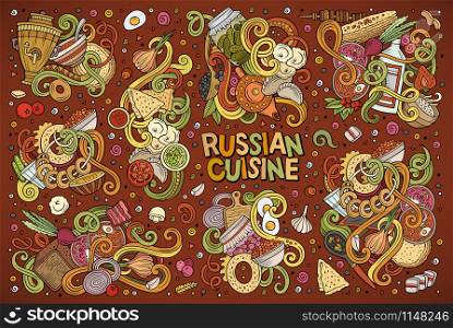 Vector hand drawn doodle cartoon set of Russian food theme items, objects and symbols. Vector cartoon set of Russian food doodles designs