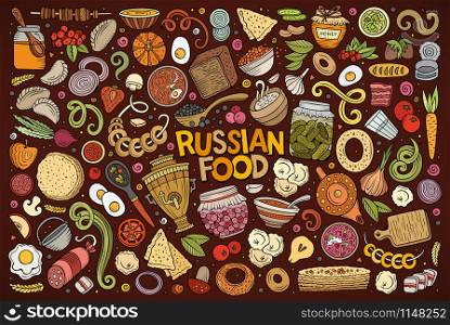 Vector hand drawn doodle cartoon set of Russian food theme items, objects and symbols. Vector cartoon set of Russian food objects