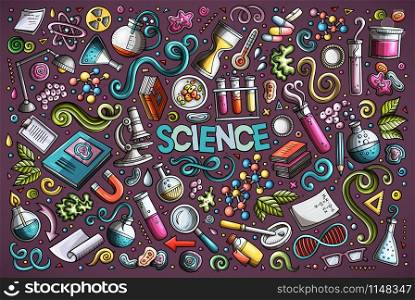 Vector hand drawn doodle cartoon set of Science theme items, objects and symbols. Vector cartoon set of Science theme objects and symbols