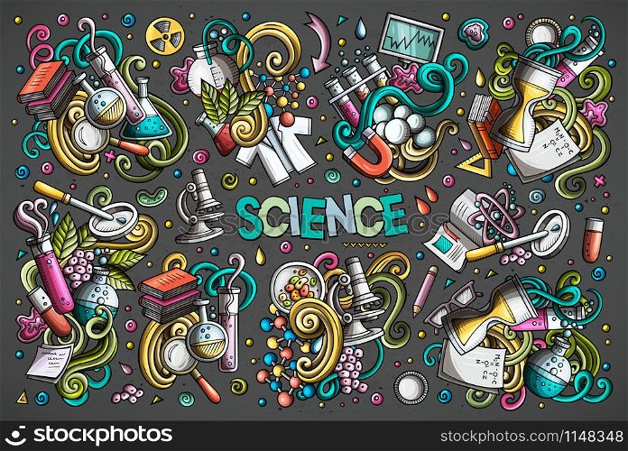 Vector hand drawn doodle cartoon set of Science theme items, objects and symbols. All objects separate.. Vector cartoon set of Science theme objects and symbols