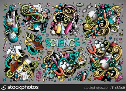 Vector hand drawn doodle cartoon set of Science theme items, objects and symbols. All objects separate.. Vector cartoon set of Science theme objects and symbols