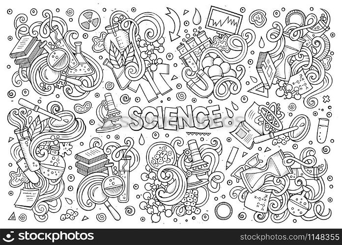 Vector hand drawn doodle cartoon set of Science theme items, objects and symbols. Vector cartoon set of Science theme doodles design elements