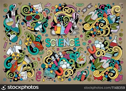 Vector hand drawn doodle cartoon set of Science theme items, objects and symbols. Vector cartoon set of Science theme doodles design elements