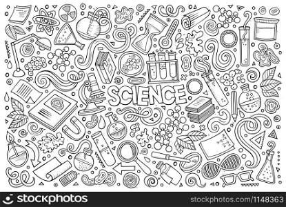 Vector hand drawn doodle cartoon set of Science theme items, objects and symbols. Vector cartoon set of Science theme objects and symbols
