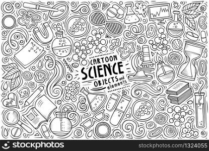 Vector hand drawn doodle cartoon set of Science theme items, objects and symbols. Vector set of Science theme items, objects and symbols