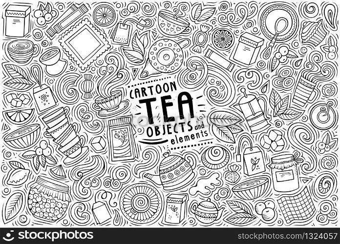 Vector hand drawn doodle cartoon set of Tea theme items, objects and symbols. Vector set of Tea theme items, objects and symbols