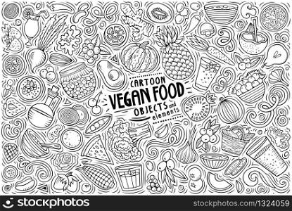Vector hand drawn doodle cartoon set of Vegan food theme items, objects and symbols. Vector set of Vegan food theme items, objects and symbols