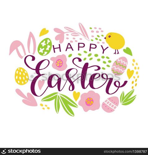 Vector hand drawn doodle Happy Easter illustration. Colorful design background with holiday objects and symbols: eggs, flowers, bunny ears and more. can be used for poster, card, tshirt print, invitation, advertising. Vector hand drawn doodle Happy Easter illustration.