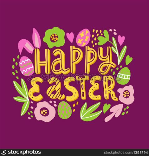Vector hand drawn doodle Happy Easter illustration. Colorful design background with holiday objects and symbols: eggs, flowers, bunny ears and more. can be used for poster, card, tshirt print, invitation, advertising. Vector hand drawn doodle Happy Easter illustration.