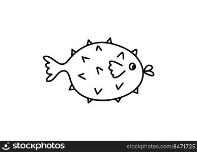 Vector hand drawn doodle hedgehog fish in monoline scandinavian style. Image for label, web icon, postcard decoration. Cheerful childish, cute marine theme.. Vector hand drawn doodle hedgehog fish in monoline scandinavian style. Image for label, web icon, postcard decoration. Cheerful childish, cute marine theme