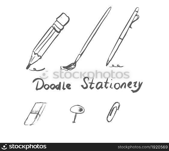 Vector Hand Drawn Doodle School Supplies Isolated on White Background. Contains Such Elements as Pencil, Paintbrush, Pen, Eraser, Pin, Paper Clip.. Hand Drawn Doodle School Supplies Isolated on White Background. Contains Such Elements as Pencil, Paintbrush, Pen, Eraser, Pin, Paper Clip.