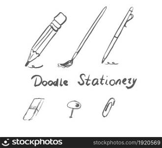 Vector Hand Drawn Doodle School Supplies Isolated on White Background. Contains Such Elements as Pencil, Paintbrush, Pen, Eraser, Pin, Paper Clip.. Hand Drawn Doodle School Supplies Isolated on White Background. Contains Such Elements as Pencil, Paintbrush, Pen, Eraser, Pin, Paper Clip.