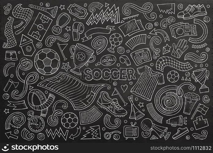 Vector hand drawn doodles cartoon set of football objects and elements. Vector doodles cartoon set of football objects