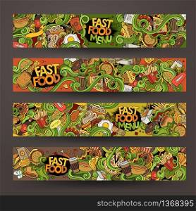 Vector hand drawn doodles fast food banners design templates set. Vector hand drawn doodles fast food banners design templates