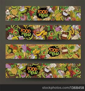 Vector hand drawn doodles food banners design templates set. Vector hand drawn doodles food banners design templates