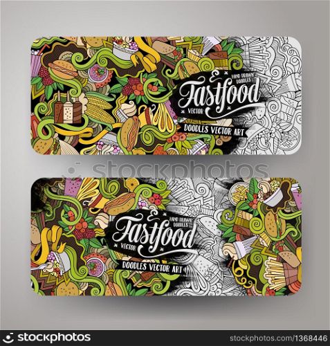 Vector hand drawn doodles food banners design templates set. Vector doodles food banners design