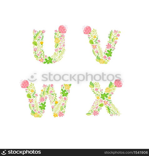 Vector Hand Drawn floral uppercase letter monograms or logo. Uppercase Letters U, V, W, X with Flowers and Branches Blossom. Floral Design.. Vector Hand Drawn floral uppercase letter monograms or logo. Uppercase Letters U, V, W, X with Flowers and Branches Blossom. Floral Design