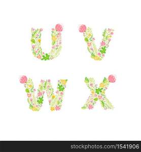Vector Hand Drawn floral uppercase letter monograms or logo. Uppercase Letters U, V, W, X with Flowers and Branches Blossom. Floral Design.. Vector Hand Drawn floral uppercase letter monograms or logo. Uppercase Letters U, V, W, X with Flowers and Branches Blossom. Floral Design