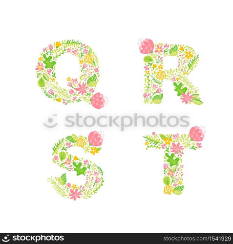 Vector Hand Drawn floral uppercase letter monograms or logo. Uppercase Letters Q, R, S, T with Flowers and Branches Blossom. Floral Design.. Vector Hand Drawn floral uppercase letter monograms or logo. Uppercase Letters Q, R, S, T with Flowers and Branches Blossom. Floral Design