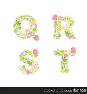 Vector Hand Drawn floral uppercase letter monograms or logo. Uppercase Letters Q, R, S, T with Flowers and Branches Blossom. Floral Design.. Vector Hand Drawn floral uppercase letter monograms or logo. Uppercase Letters Q, R, S, T with Flowers and Branches Blossom. Floral Design