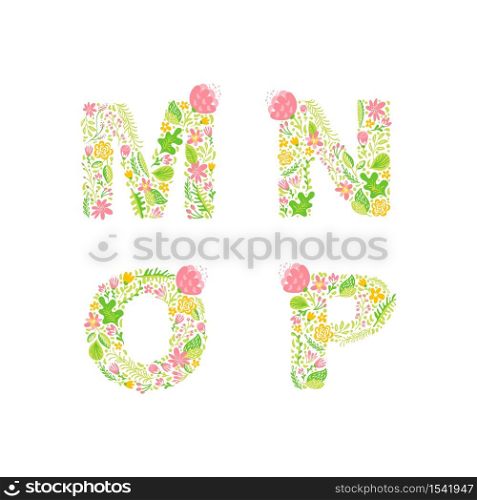 Vector Hand Drawn floral uppercase letter monograms or logo. Uppercase Letters M, N, O, P with Flowers and Branches Blossom. Floral Design.. Vector Hand Drawn floral uppercase letter monograms or logo. Uppercase Letters M, N, O, P with Flowers and Branches Blossom. Floral Design