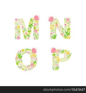 Vector Hand Drawn floral uppercase letter monograms or logo. Uppercase Letters M, N, O, P with Flowers and Branches Blossom. Floral Design.. Vector Hand Drawn floral uppercase letter monograms or logo. Uppercase Letters M, N, O, P with Flowers and Branches Blossom. Floral Design