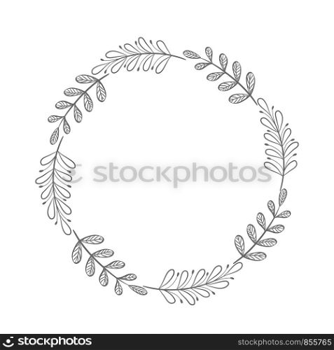 vector hand drawn floral wreath, round frame with leaves, decorative design element, stock illustration, eps 10