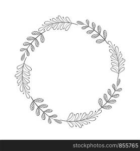 vector hand drawn floral wreath, round frame with leaves, decorative design element, stock illustration, eps 10
