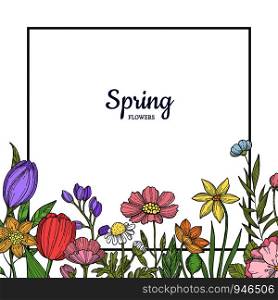 Vector hand drawn flowers background with place for text illustration. Colored spring flora banner. Vector hand drawn flowers background with place for text illustration