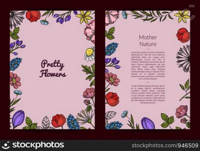 Vector hand drawn flowers card or flyer template illustration. Banner and poster. Vector hand drawn flowers card or flyer template illustration