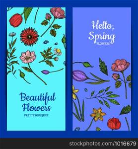 Vector hand drawn flowers web banner templates illustration. Floral flower banner and card. Vector hand drawn flowers web banner templates illustration