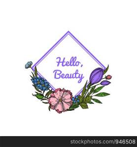 Vector hand drawn flowers wreath with place for text illustration isolated on white. Vector hand drawn flowers wreath with place for text