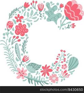 Vector Hand Drawn Font Letter C with Flowers and Branches Blossom Spring. Floral alphabet Typography uppercase Summer letter monogram or Logo Design wedding abc.. Vector Hand Drawn Font Letter C with Flowers and Branches Blossom Spring. Floral alphabet Typography uppercase Summer letter monogram or Logo Design wedding abc
