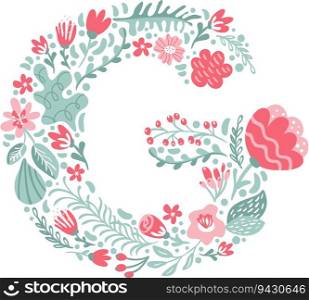 Vector Hand Drawn Font Letter G with Flowers and Branches Blossom Spring. Floral alphabet Typography uppercase Summer letter monogram or Logo Design wedding abc.. Vector Hand Drawn Font Letter G with Flowers and Branches Blossom Spring. Floral alphabet Typography uppercase Summer letter monogram or Logo Design wedding abc