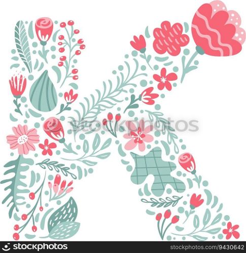 Vector Hand Drawn Font Letter K with Flowers and Branches Blossom Spring. Floral alphabet Typography uppercase Summer letter monogram or Logo Design wedding abc.. Vector Hand Drawn Font Letter K with Flowers and Branches Blossom Spring. Floral alphabet Typography uppercase Summer letter monogram or Logo Design wedding abc