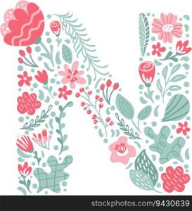 Vector Hand Drawn Font Letter N with Flowers and Branches Blossom Spring. Floral alphabet Typography uppercase Summer letter monogram or Logo Design wedding abc.. Vector Hand Drawn Font Letter N with Flowers and Branches Blossom Spring. Floral alphabet Typography uppercase Summer letter monogram or Logo Design wedding abc