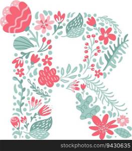 Vector Hand Drawn Font Letter R with Flowers and Branches Blossom Spring. Floral alphabet Typography uppercase Summer letter monogram or Logo Design wedding abc.. Vector Hand Drawn Font Letter R with Flowers and Branches Blossom Spring. Floral alphabet Typography uppercase Summer letter monogram or Logo Design wedding abc