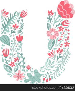 Vector Hand Drawn Font Letter U with Flowers and Branches Blossom Spring. Floral alphabet Typography uppercase Summer letter monogram or Logo Design wedding abc.. Vector Hand Drawn Font Letter U with Flowers and Branches Blossom Spring. Floral alphabet Typography uppercase Summer letter monogram or Logo Design wedding abc