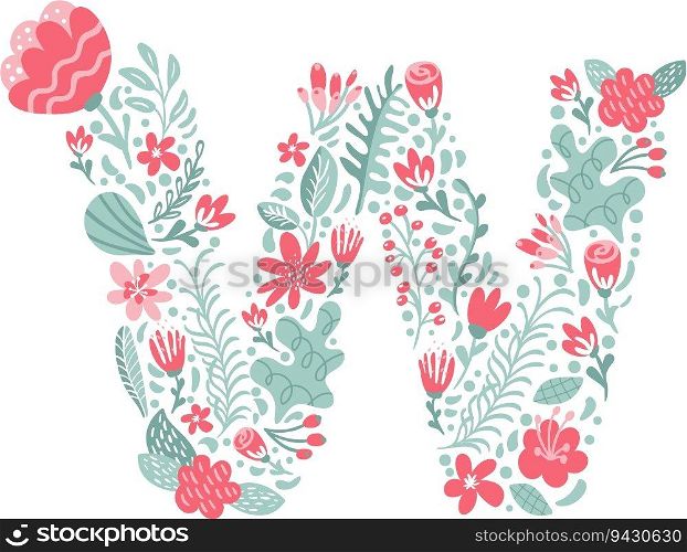 Vector Hand Drawn Font Letter W with Flowers and Branches Blossom Spring. Floral alphabet Typography uppercase Summer letter monogram or Logo Design wedding abc.. Vector Hand Drawn Font Letter W with Flowers and Branches Blossom Spring. Floral alphabet Typography uppercase Summer letter monogram or Logo Design wedding abc