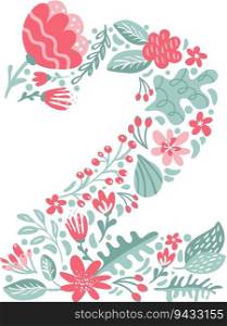 Vector Hand Drawn Font Number 2 two with Flowers and Branches Blossom Spring. Floral alphabet Typography Summer letter monogram or Logo Design wedding abc.. Vector Hand Drawn Font Number 2 two with Flowers and Branches Blossom Spring. Floral alphabet Typography Summer letter monogram or Logo Design wedding abc