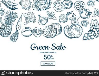 Vector hand drawn fruits and vegetables horizontal sale background. Green sale banner illustration. Vector handdrawn fruits and vegetables horizontal sale background