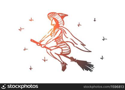Vector hand drawn Halloween concept sketch. Halloween magic woman flying on broomstick in night sky full of stars. Hand drawn Halloween magic woman flying on broom
