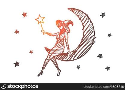 Vector hand drawn Halloween magic girl concept sketch. Halloween girl in cap sitting on Moon in sky with stars and holding magic wand in hand. Hand drawn Halloween magic girl sitting on Moon