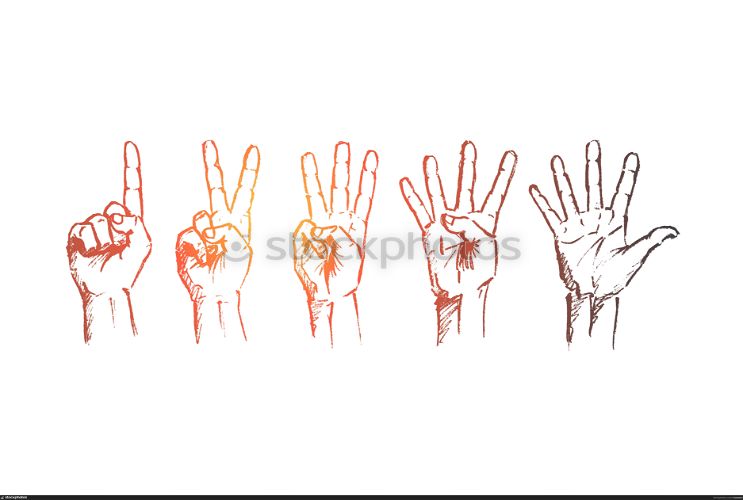 Vector hand drawn hand sign concept sketch. Human fingers showing numbers from one to five. Lettering Hand sign concept. Hand drawn human fingers showing numbers