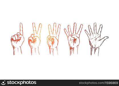 Vector hand drawn hand sign concept sketch. Human fingers showing numbers from one to five. Lettering Hand sign concept. Hand drawn human fingers showing numbers
