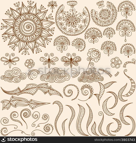 vector hand-drawn Henna mehndi tattoo doodle design elements with sun and butterfly, spirals and swirls