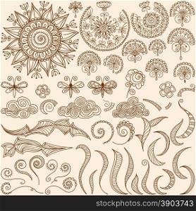vector hand-drawn Henna mehndi tattoo doodle design elements with sun and butterfly, spirals and swirls